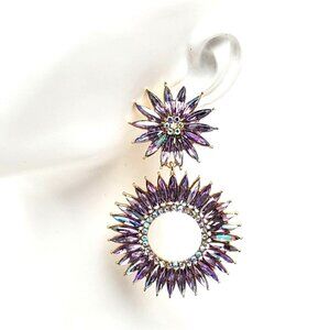 Amethyst Rhinestone Faceted Starburst Floral Statement Gold Tone Post Earrings